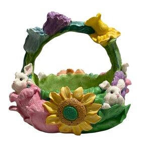 Vintage Resin Ceramic Easter Bunny Baskets Colorful Flowers Sunflowers